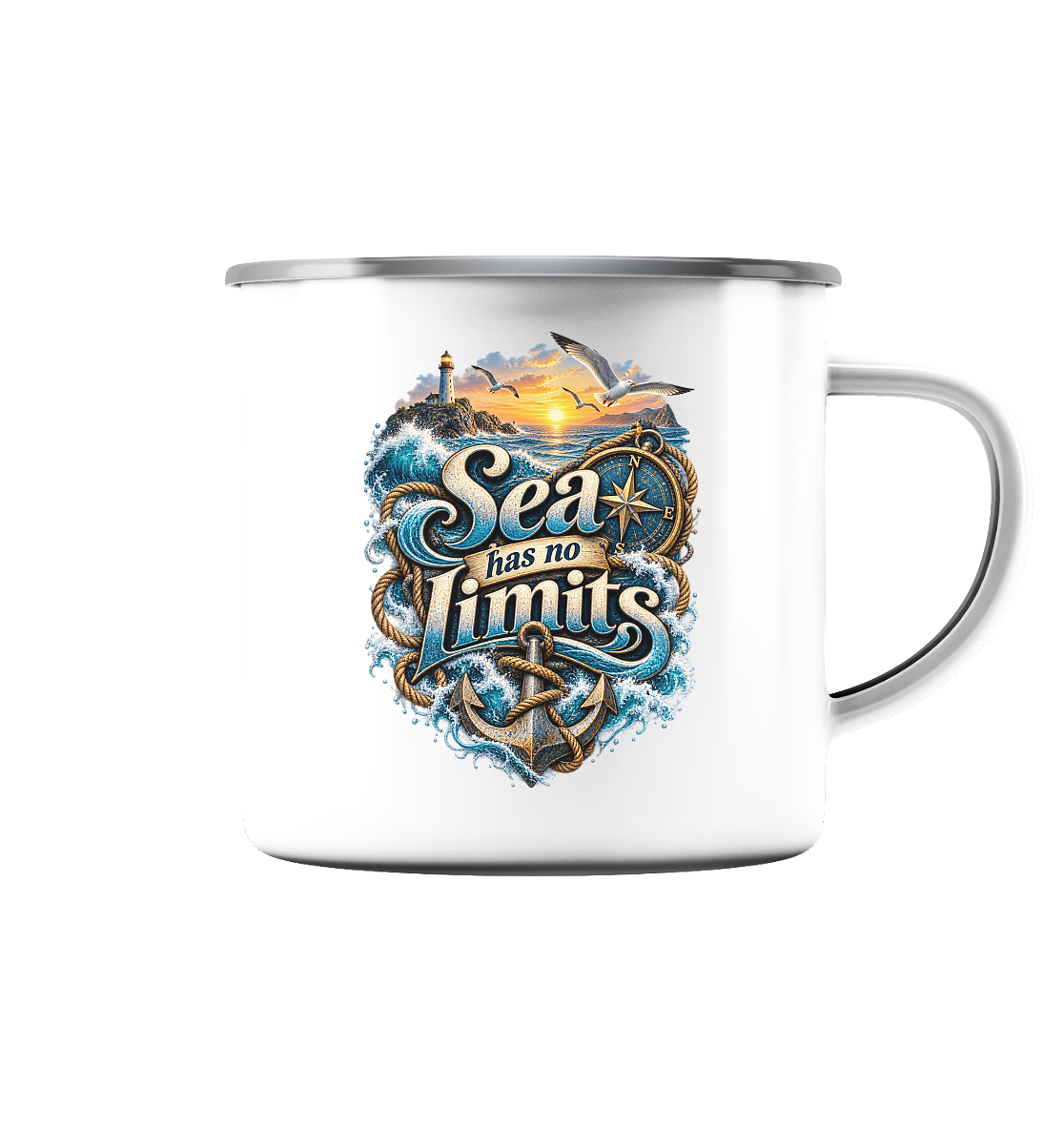 Sea has no Limits - Emaille Tasse (Silber)