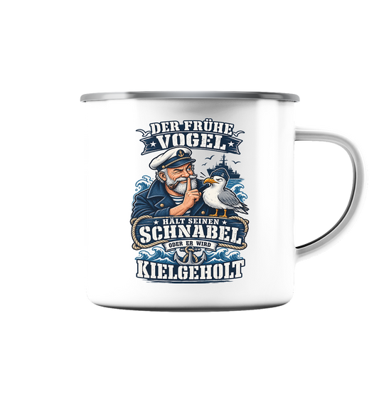 Der frühe Vogel...kielgeholt - Emaille Tasse (Silber)