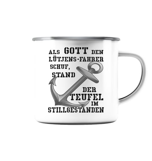 Als Gott den LÜTJENS-Fahrer schuf... - Emaille Tasse (Silber)