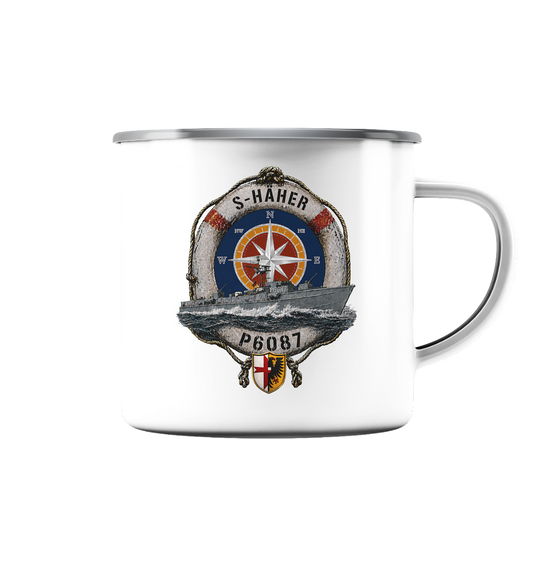 P6087 S-HÄHER - 5.SG - Emaille Tasse (Silber)