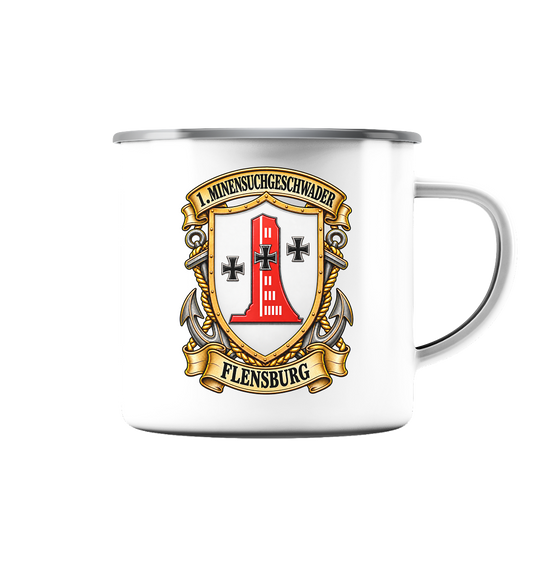 Wappen 1. Minensuchgeschwader - FLENSBURG - Emaille Tasse (Silber)