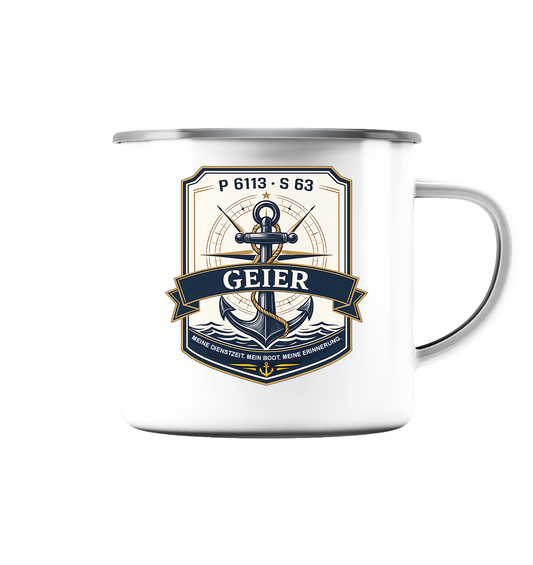 P6113 S63 GEIER - Emaille Tasse (Silber)