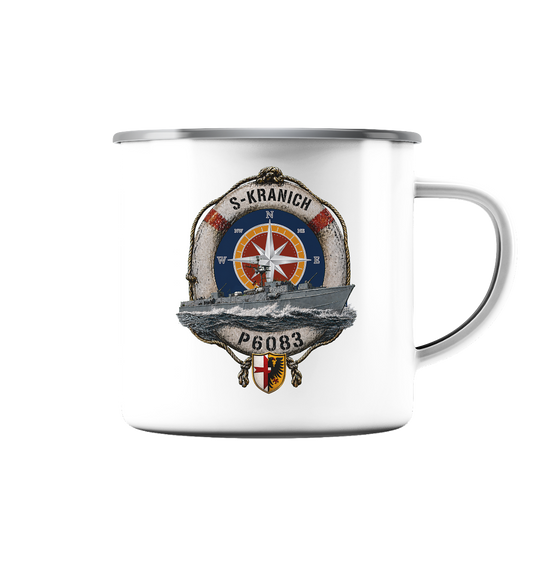 P6083 S-KRANICH - 5.SG - Emaille Tasse (Silber)