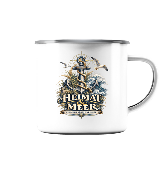 Heimat & Meer - Zwischen Dünen und Meer - Emaille Tasse (Silber)