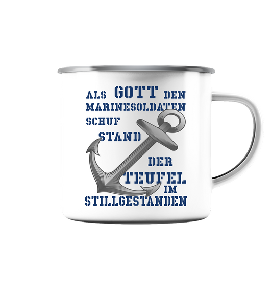 Als Gott den Marinesoldaten schuf.... - Emaille Tasse (Silber)