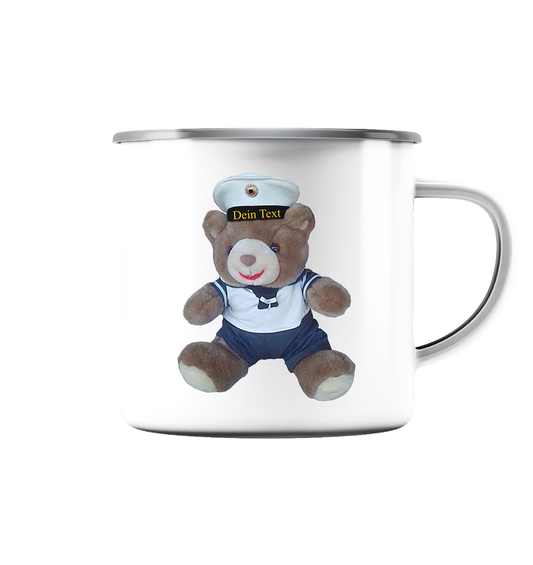Teddy DEIN TEXT - Emaille Tasse (Silber)