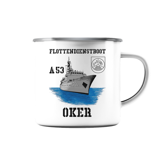 FD-Boot A53 OKER - Emaille Tasse (Silber)