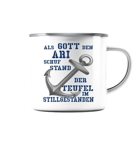 Als Gott den ARI schuf.. - Emaille Tasse (Silber)